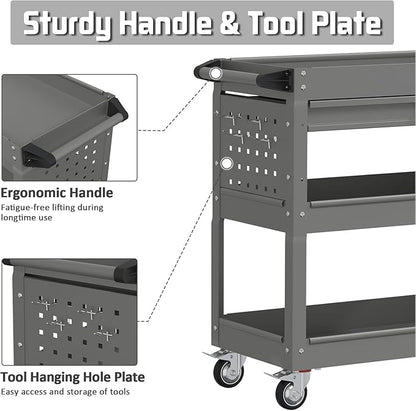3 Tray Rolling Tool Cart with Drawers, 400 LBS Capacity Mechanic Tool Cart on Wheels, Heavy Duty Utility Cart with Pegboard, Metal Work Cart for Garage and Repair Shop, Grey