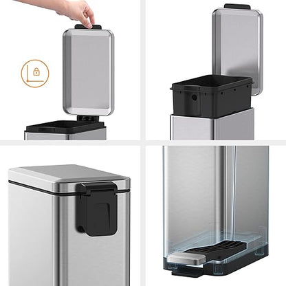 Mbillion Bathroom Trash Can with Lid Slim Stainless Steel Small Bathroom Garbage Can 10 Liter, 2.6 Gallon Soft Close, Step Pedal, Slim Wastebasket for Toilet, Office, Bedroom, Brushed Silver