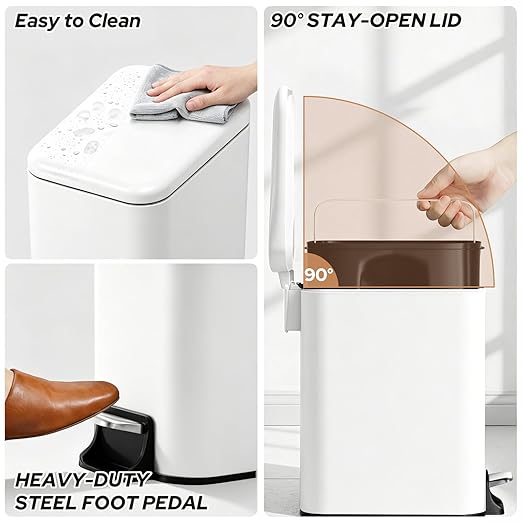 Small Bathroom Trash Can w/Lid Soft Close, 6 Liter/1.6 Gallon Stainless Steel Garbage Can w/Inner Bucket, Trash Bin Waste Basket for Kitchen, Bedroom, Living Room, Office, Toilet, White