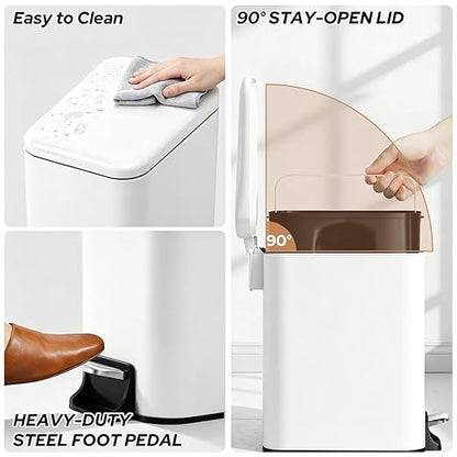 Small Bathroom Trash Can w/Lid Soft Close, 6 Liter/1.6 Gallon Stainless Steel Garbage Can w/Inner Bucket, Trash Bin Waste Basket for Kitchen, Bedroom, Living Room, Office, Toilet, White