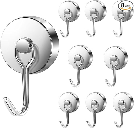 LOVIMAG Hooks, 120lbs+ Magnetic Magnet Hook 2025 Cruise Cabin Ship Essentials Heavy Duty Strong Refrigerator Fridge Hanging for Classroom Beach Vacation Kitchen Grills Home Mug Hanger (8 Pack), Silver