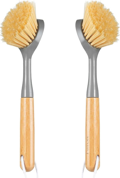 2 Pack Dish Brushes with Bamboo Handle, Kitchen Dish Scrubber Built-in Scraper, Scrub Brush for Pans, Pots, Counter & Kitchen Sink Cleaning, Dishwashing and Cleaning, Perfect Cleaning Tools, Gray