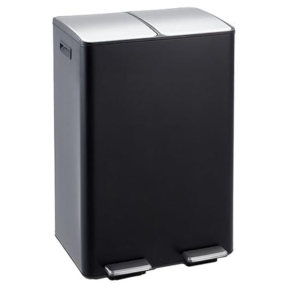 Takywep 2 x 8 Gal (2 x 30L) Kitchen Dual Trash Can, Stainless Steel Double Trash Can with 2 Removable Inner Buckets, Soft-Close Lid, Double Compartment Recycling Bin for Kitchen Home Office, Black