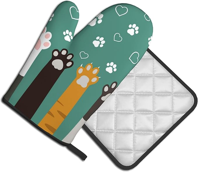 Cat Oven Mitt Potholders Sets - Paw Kitchen Mitts and Pot Holders Set of 2 Kitten Pet Oven Gloves Hot Pads for Cooking BBQ Baking Grilling