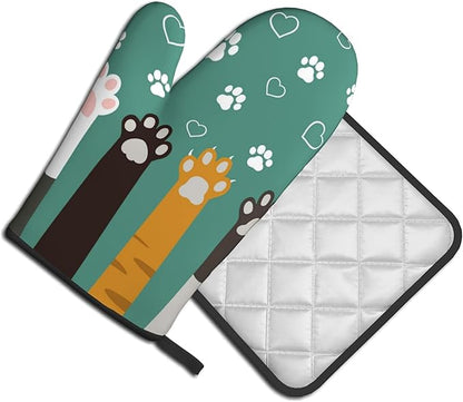 Cat Oven Mitt Potholders Sets - Paw Kitchen Mitts and Pot Holders Set of 2 Kitten Pet Oven Gloves Hot Pads for Cooking BBQ Baking Grilling