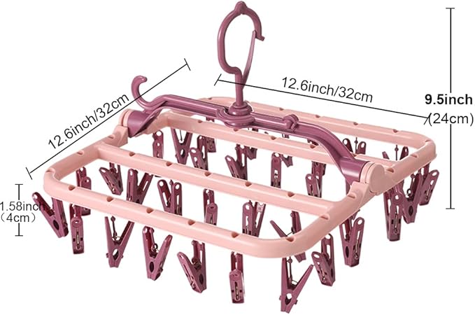 Foshine Clothes Drying Racks Foldable Clip Hangers Plastic with 32 Drying Clips Wind-Proof Hook Underwear Hanger for Socks Bras (Pink)