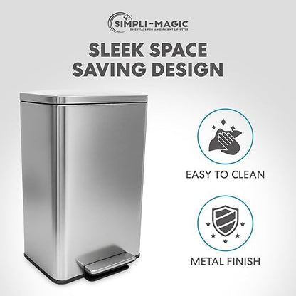 SIMPLI-MAGIC 50 Liter / 13.2 Gallon Soft-Close, Smudge Resistant Trash Can with Foot Pedal and Built in Filter- Stainless Steel, Sleek Finish