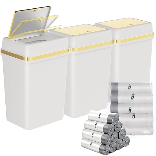 3 Pack Bathroom Trash Can with Lid 4 Gallon Small Trash Can with Press Top Lid White and Gold Bathroom Garbage Can with 150 Counts Trash Bags for Kitchen Bedroom Office