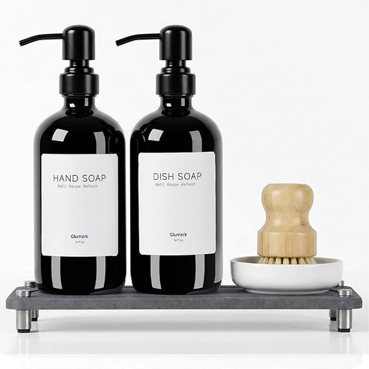 2 Pack Kitchen Soap Dispenser Set - 16oz Black Glass Dish and Hand Soap Dispenser with Stainless Steel Pump, Instant Dry Tray, Dish Brush & Holder, Refillable Countertop Sink Decor for Kitchen & Bath