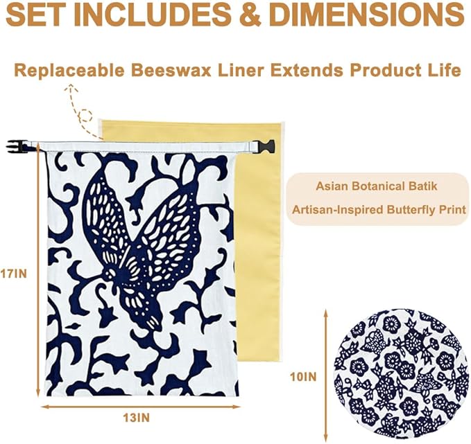 Beeswax Bread Bag XL 13x17in with Removable Lining Bowl Cover 10in Reusable Sourdough Bread Bags for Homemade Bread Storage Cotton Wax Wrap Asian Plant Batik