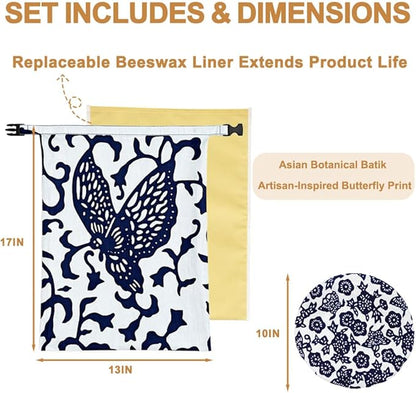 Beeswax Bread Bag XL 13x17in with Removable Lining Bowl Cover 10in Reusable Sourdough Bread Bags for Homemade Bread Storage Cotton Wax Wrap Asian Plant Batik