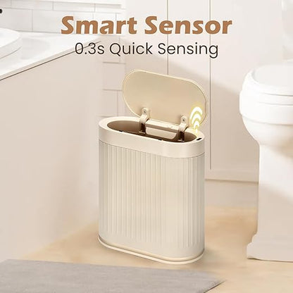 SYNCVIBE Bathroom Trash Can with Lid Automatic 2 Gallon Sensor Trash Bin, 7.5 Liter Smart Rubbish Bin, Motion Sensor Waterproof Bathroom Decor, Plastic Narrow Garbage Can for Bedroom, Office, Beige