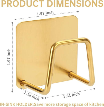 2Pcs Adhesive Sponge Holder for Kitchen Sink Essentials, Stainless Steel Dish Soap Holder, Rustproof and Waterproof, Quick Drying, Minimal Size Saves Space, Gold