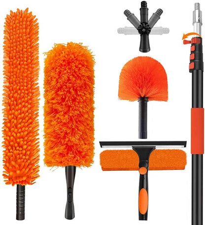 26FT High Reach Duster with Extension Pole 5-20FT, 4-in-1 Cleaning Kit with Universal Swivel Joint | High Ceiling Fan Cleaner, Cobweb Duster & Window Squeegee for Safe High-Reach Cleaning