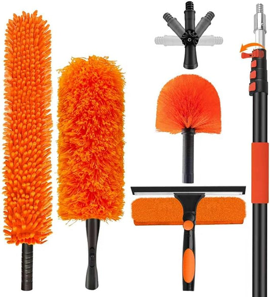 26FT High Reach Duster with Extension Pole 5-20FT, 4-in-1 Cleaning Kit with Universal Swivel Joint | High Ceiling Fan Cleaner, Cobweb Duster & Window Squeegee for Safe High-Reach Cleaning
