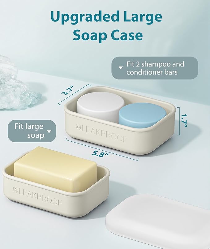 Quatish Large Leakproof Travel Soap Case, Solid Shampoo Bar Holder, Silicone Soap Box with Draining Layer, Enhanced Soap Container, Suitable for Camping, Gym, Bathroom, Outdoor Essentials, Beige