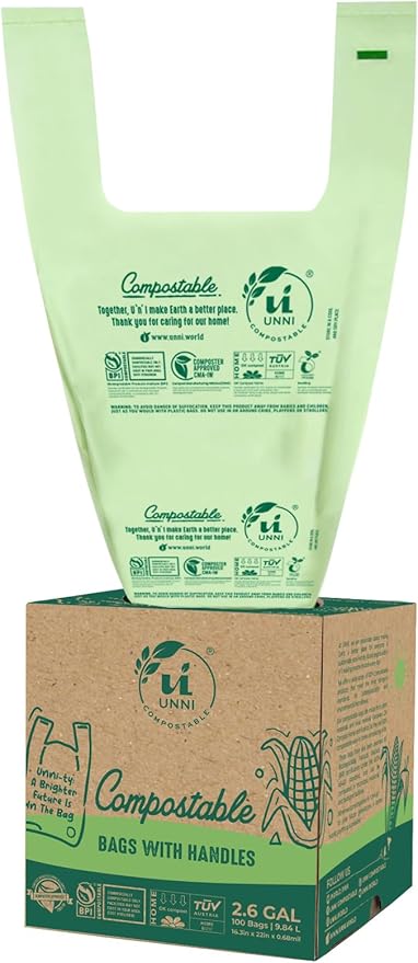 UNNI 2.6 Gallon Compostable Trash Bags with Tie Handles, 100 Count Small Food Scrap Kitchen Compost Bags for Countertop Bin, Certified by BPI, CMA & OK compost HOME, Meets ASTM D6400