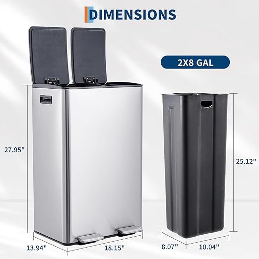 Takywep 2 x 8 Gal (2 x 30L) Kitchen Dual Trash Can, Stainless Steel Double Trash Can with 2 Removable Inner Buckets, Soft-Close Lid, Double Compartment Recycling Bin for Kitchen Home Office, Silver