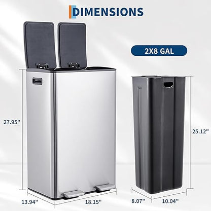 Takywep 2 x 8 Gal (2 x 30L) Kitchen Dual Trash Can, Stainless Steel Double Trash Can with 2 Removable Inner Buckets, Soft-Close Lid, Double Compartment Recycling Bin for Kitchen Home Office, Silver
