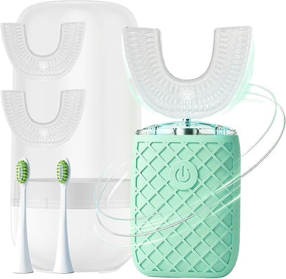 Sonic Electric U Shaped Toothbrush for Adults, Automatic Full Mouth Cleaning Toothbrush, 360° Stain Removal, IPX7 Waterproof Rechargeable, 3 U-Shape & 2 Straight Brush Heads (Green-Cup)