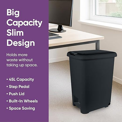 Superio 10L and 45L Slim Step & Push Trash Cans - 2 Pack, Dual Opening, Space-Saving Design, Durable Plastic - Black