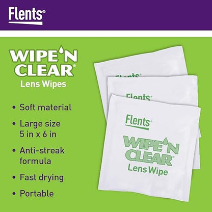 Flents Lens Wipes, Wipe 'N Clear, 150 Count, Pre-Moistened, Streak-Free, Safe for Glasses, Sunglasses, Gentle Cleaning, Clear Vision, Individually Wrapped for Travel & Convenience, Made in the USA
