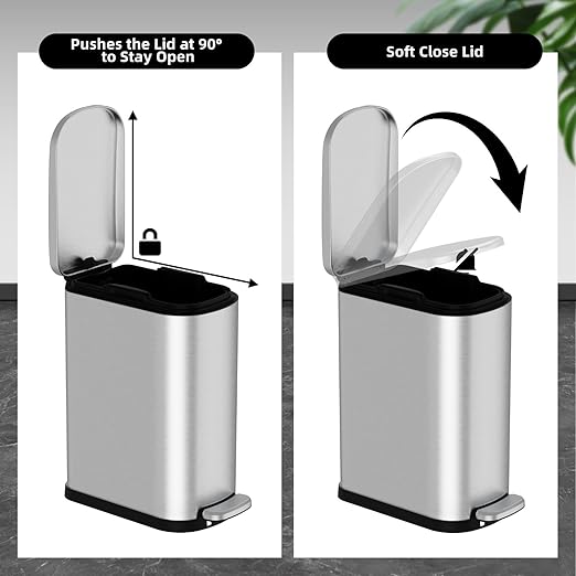 KSSKSS 2.6 Gallon Slim Bathroom Trash Can with Soft Close Lid, 10L Stainless Steel Garbage Can with Removable Liner Bucket, for Narrow Spaces,Bathroom, Bedroom (Silver)