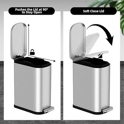 KSSKSS 2.6 Gallon Slim Bathroom Trash Can with Soft Close Lid, 10L Stainless Steel Garbage Can with Removable Liner Bucket, for Narrow Spaces,Bathroom, Bedroom (Silver)