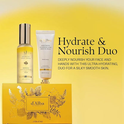 d'alba Piedmont White Truffle Vegan Gift Set, First Aromatic Spray Serum and Hand Serum&Cream, Hydrate & Nourish Duo Gift Set, Face & Hand Moisturizer Set