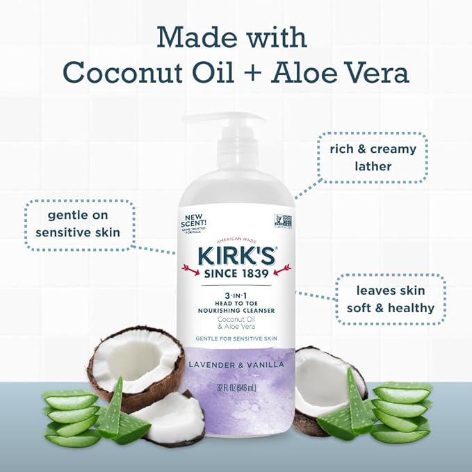 Kirk's Lavender & Vanilla 3-in-1 Nourishing Cleanser, Shampoo Body Wash Bubble Bath, Coconut Oil and Aloe Vera, Vegan Non-GMO, 32 Fl Oz
