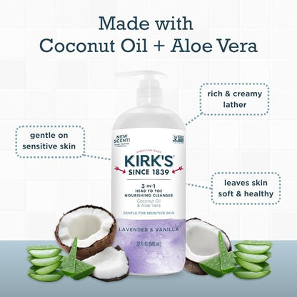 Kirk's Lavender & Vanilla 3-in-1 Nourishing Cleanser, Shampoo Body Wash Bubble Bath, Coconut Oil and Aloe Vera, Vegan Non-GMO, 32 Fl Oz