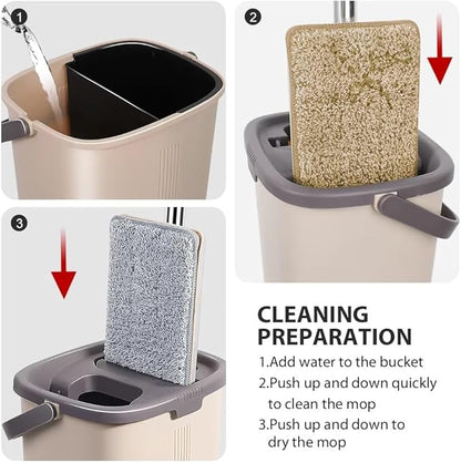 Flat Floor Mop and Bucket Set with Stainless Steel Handle, Heavy Duty Spin Bucket System for Household and Commercial Use