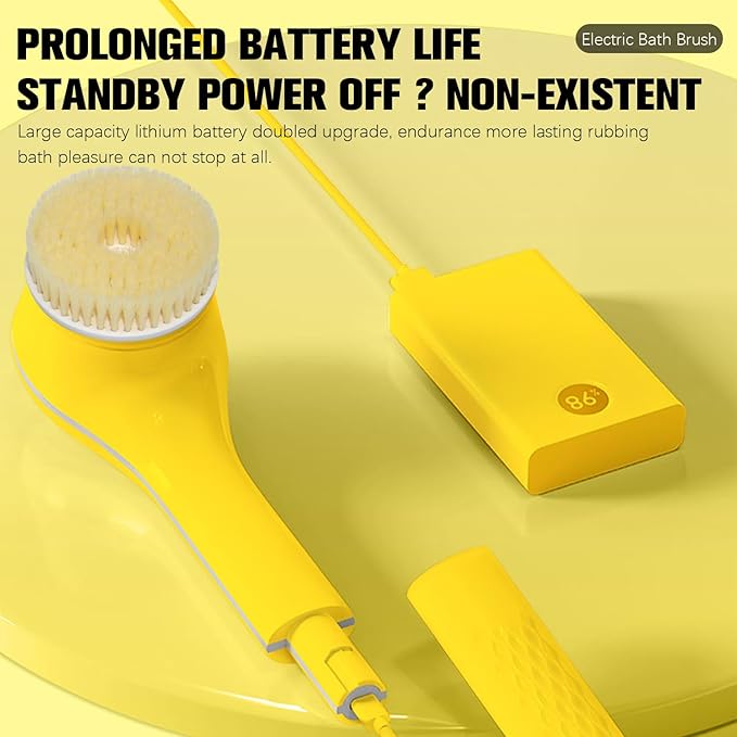 Electric Body Brush Set for Showering,Exfoliating Bath Brush Long Handle for Shower Lotion Applicator for Back Silicone Body Scrubber with 6 Shower Brush Heads for Women Men Gifts (Yellow)