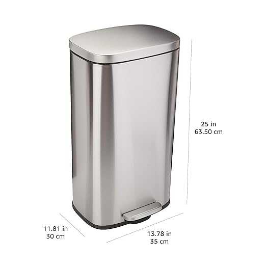Amazon Basics MEDIUM Trash Can, 7.9 Gallon (30L), Smudge Resistant Rectangular Bin with Soft-Close Lid, Step Foot Pedal, Removable Inner Bucket, Brushed Stainless Steel, Satin Nickel Finish