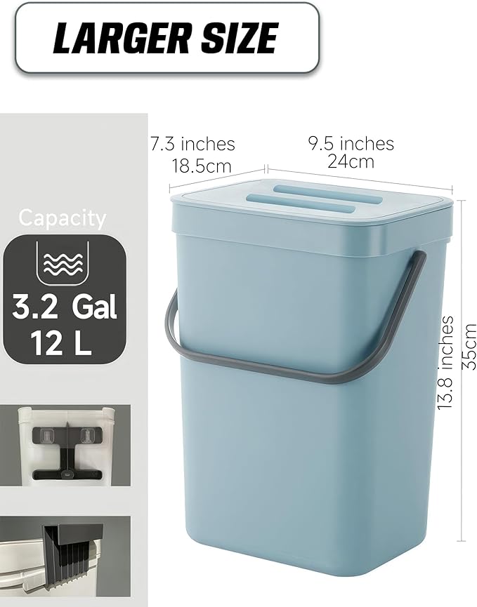 Kitchen Compost Bin - 3.2 Gallons Hanging Trash Can with Lid for Kitchen Bathroom, Under Sink Trash Can, Outdoor Compost Bucket with Lid, 12L(Subtle Blue)