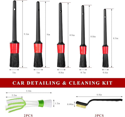 10 PCS Car Detailing Brush Set, Auto Cleaning Kit with Boar Hair & Steel Wire Brushes, A/C Duster, Car Interior Exterior Detailing Kit for Dashboard Engines Leather Wheel