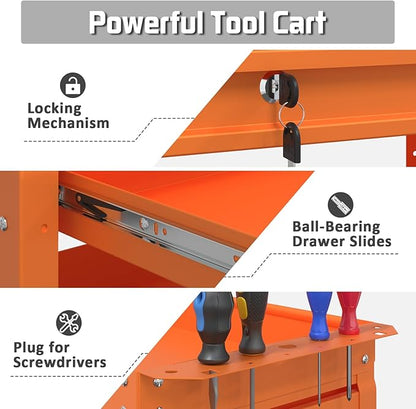 3 Tray Rolling Tool Cart with Drawers, 400 LBS Capacity Mechanic Tool Cart on Wheels, Heavy Duty Utility Cart with Pegboard, Tool Storage Cart for Garage and Repair Shop, Orange