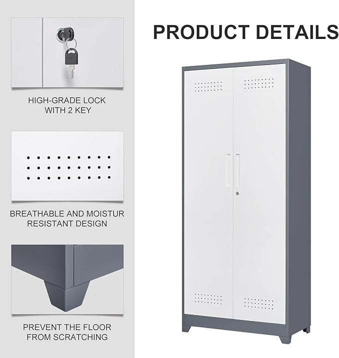 72"H Tall Metal Garage Storage Cabinet, Freestanding Broom Closet Storage Cabinet with Locking Door for Cleaning Tool, Large Tool Organizer Cabinet with Hanging Rod for Home Office, Grey White