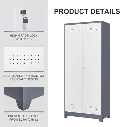 72"H Tall Metal Garage Storage Cabinet, Freestanding Broom Closet Storage Cabinet with Locking Door for Cleaning Tool, Large Tool Organizer Cabinet with Hanging Rod for Home Office, Grey White