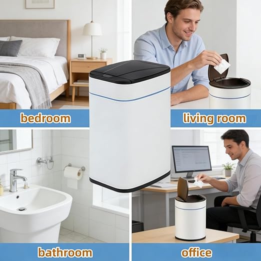 Garbage Can with Lid, Intelligent Sensor Opening and Closing, Small Garbage Can for Living Room, Bedroom, Kitchen and Bathroom (1, Square White)