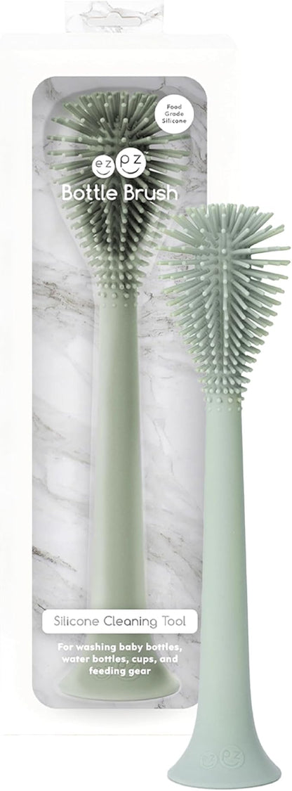 ezpz Bottle Brush (Sage) - Odor-Resistant Silicone Cleaning Tool with Long Sturdy Handle and Suction Base - Flexible Top for Tight Spaces - Gently Cleans Cups, Glasses, Bottles and Accessories
