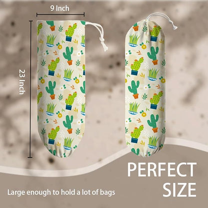 Plants Plastic Bag Holder, Cactus Fabric Garbage Trash Bag Dispenser for Home Kitchen Pantry Cabinet, Reusable Washable Shopping Bags Storage Carrier, Wall Mount, Kitchen Housewarming Gifts