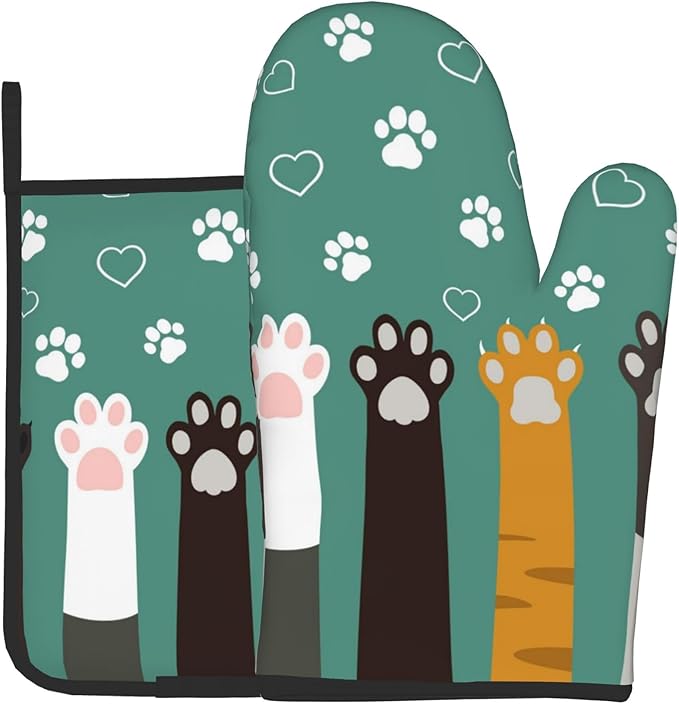 Cat Oven Mitt Potholders Sets - Paw Kitchen Mitts and Pot Holders Set of 2 Kitten Pet Oven Gloves Hot Pads for Cooking BBQ Baking Grilling