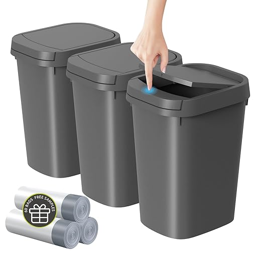 KSSKSS 3 Pack Bathroom Small Trash Can with Lid, 2.6 Gallon Slim Garbage Bin with Pop-Up Lid, 10L Plastic Wastebasket for Bedroom, Office, Kitchen, Toilet (Gray)