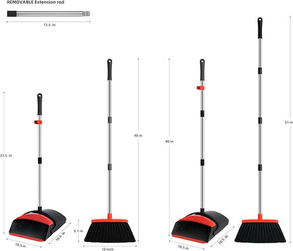 Broom with Dustpan Combo Set for Home 52-in Long Adjustable Handle Angle Broom and Dustpan Set with Dustpan Comb Teeth for Sweeping Pet Hair Food Dirt Kitchen (Black) (Red)