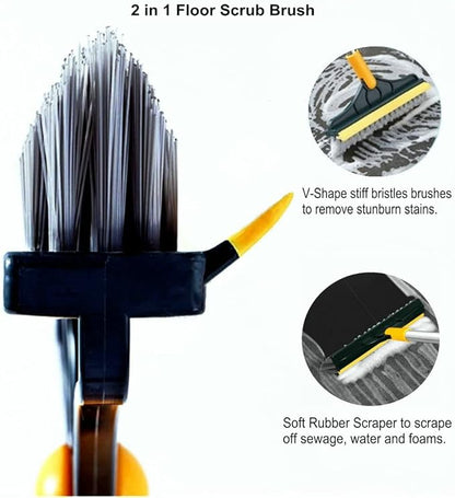 2 in 1 Cleaning Scrub Brush Grout Brush Scrapee 3 Poles 47.6'' Floor Scrub Brush with Long Handle V-Shape Stiff Bristle Brush Scrubber with Squeegee 120°Rotate Shower Scruber for Bathroom Glass