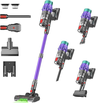 Cordless Stick Vacuum Cleaner, 650W 55KPA Up to 70Min Runtime, Green Light Anti-Tangle Brush, 7-Stage HEPA Filtration, Lightweight for Pet Hair Carpet Hard Floors (Purple)