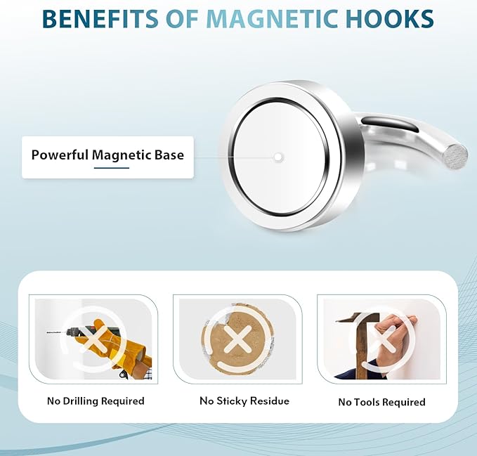 Neosmuk Magnetic Hooks, Heavy Duty 30lb+ Strong Magnet Hook for Cruise Cabins, Cruise Ship Essentials for Hanging, Metal Wall Refrigerator Hangers (Silver White, 10 Pack)