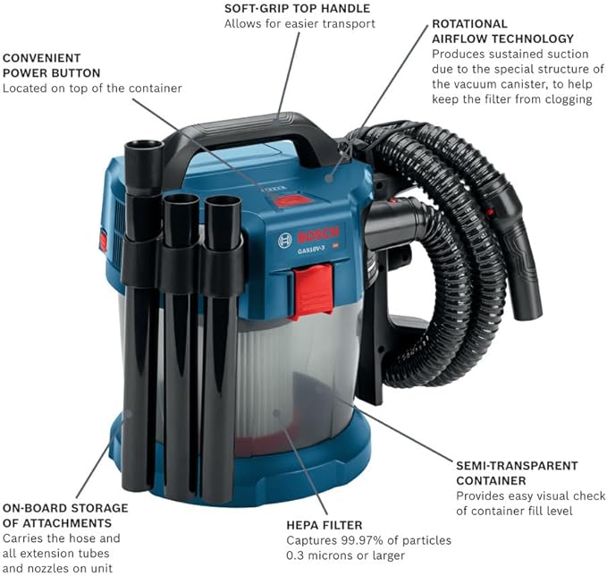 BOSCH GAS18V-3N 18V Cordless Wet Dry Vacuum, 2.6 Gallon Portable Shop Vac & Dust Extractor with HEPA Filter (Bare Tool)