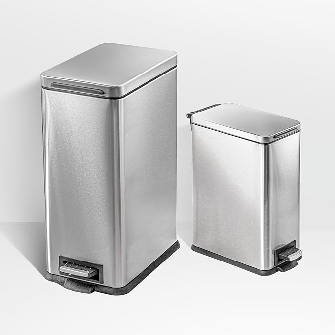 Home Zone Living 8 Gallon and 3 Gallon Slim Stainless Steel Trash Can Combo Set with Soft-Close Lid and Bag Tuck Design, Silver